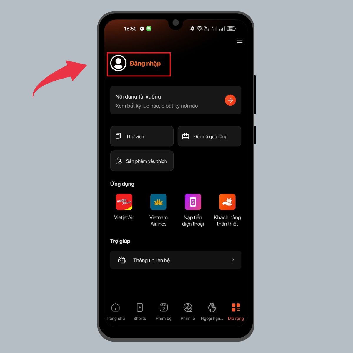 Nhấn đăng nhập trong ứng dụng FPT Play.