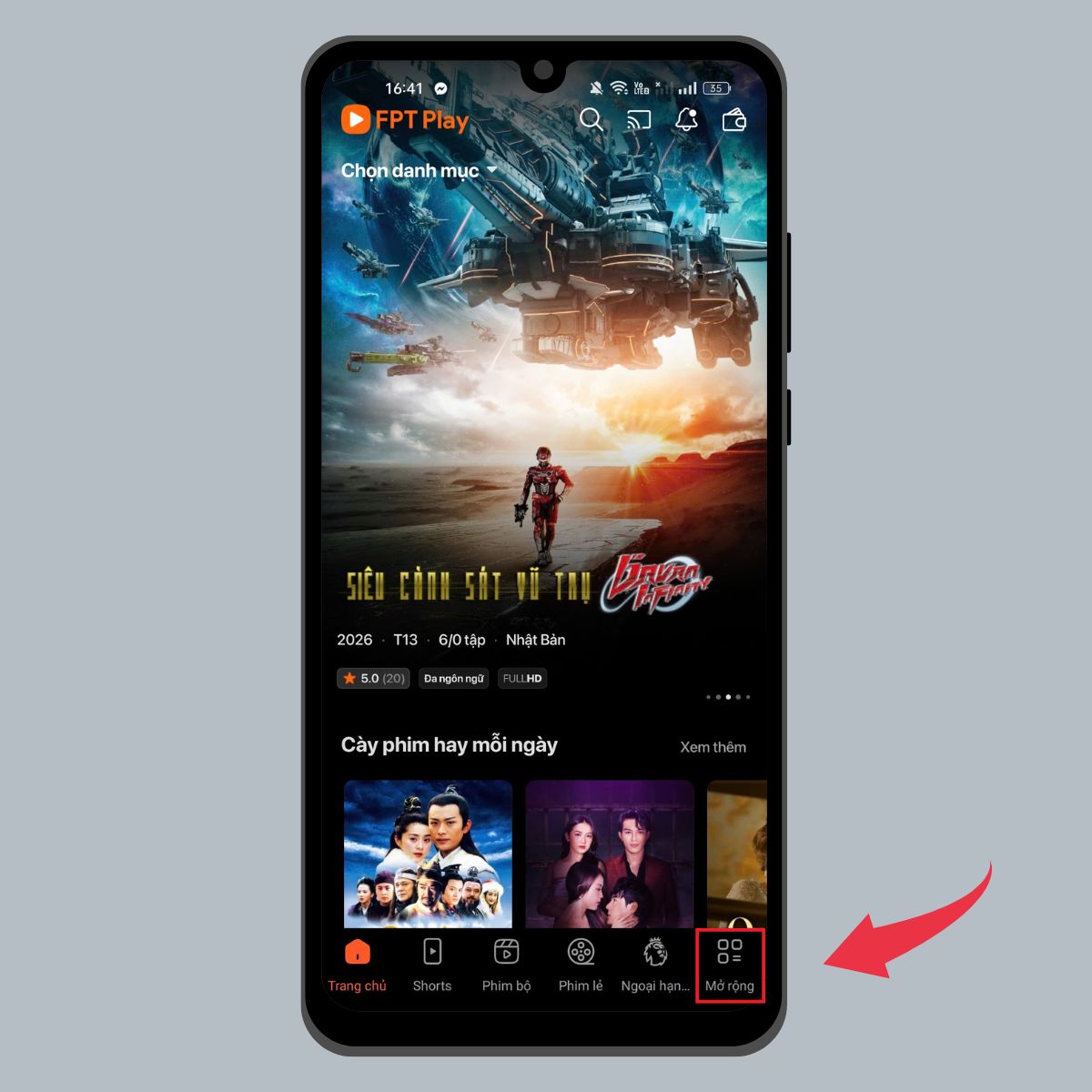 Chọn mục Mở rộng trong ứng dụng FPT Play.