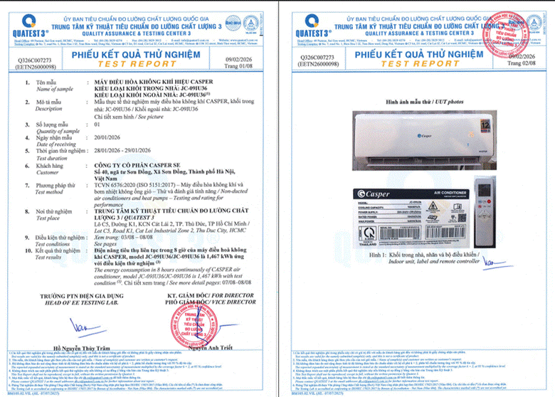 Ảnh chụp kết quả thử nghiệm của QUATEST 3 đối với điều hòa Casper JC-09IU36