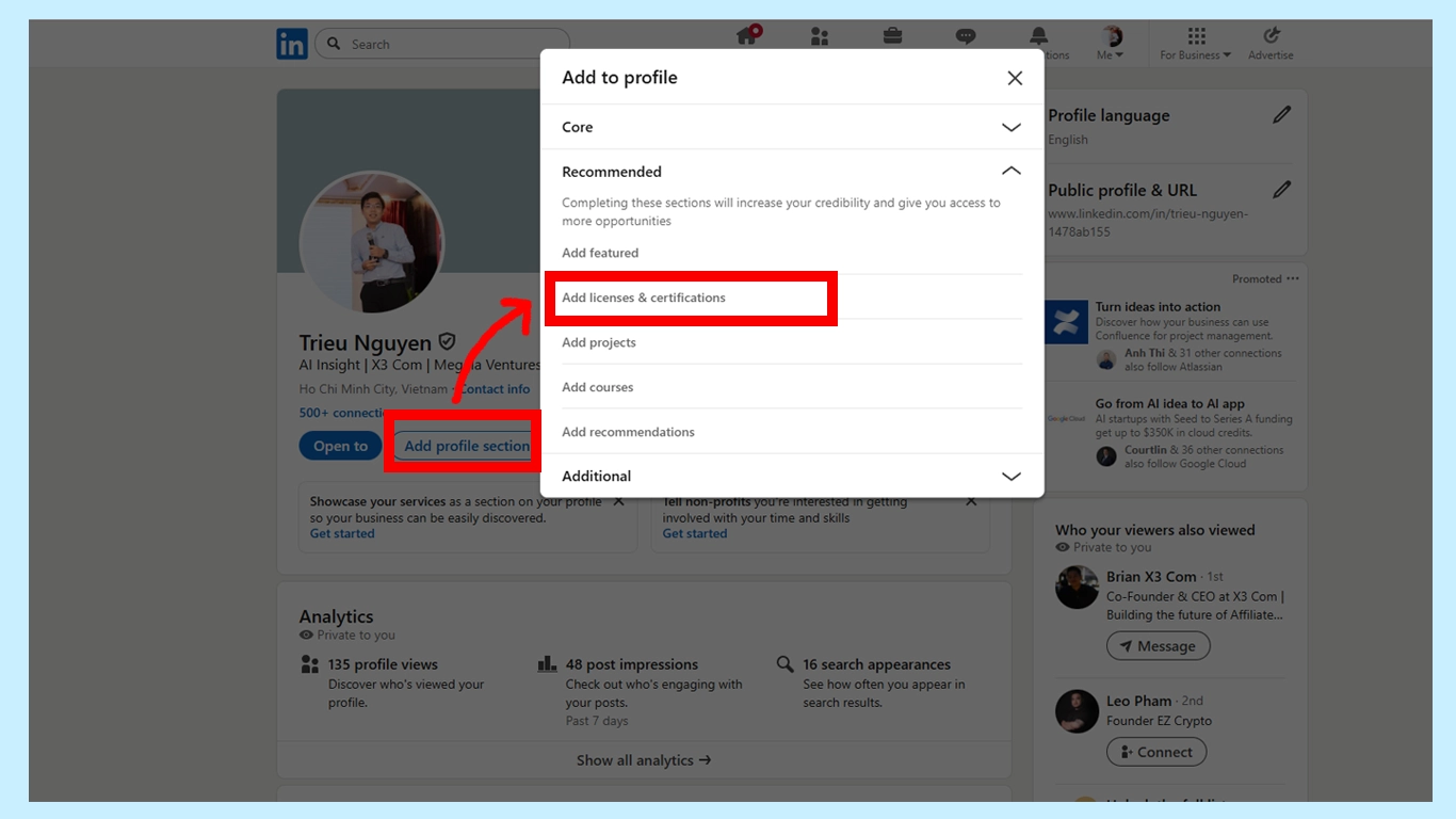 Giao diện thêm bằng cấp, chứng nhận trên LinkedIn