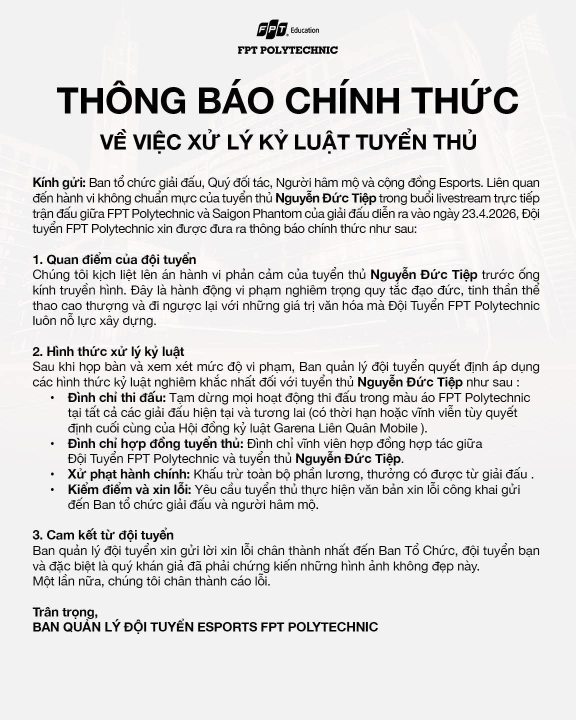 Thông báo chính thức từ đội tuyển FPT Polytechnic.
