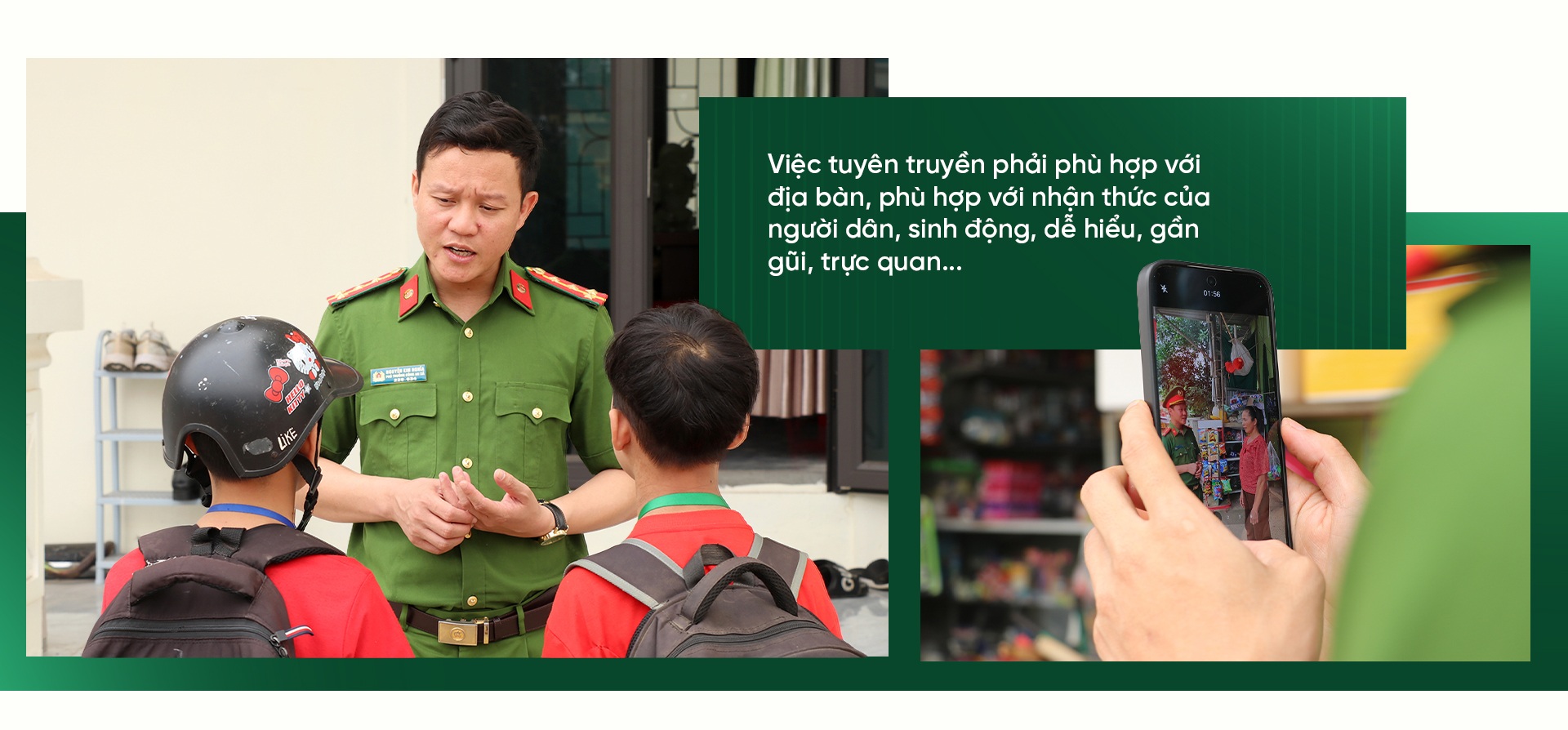 Đại úy Công an xã trao đổi với tiểu thương về việc lấn chiếm vỉa hè