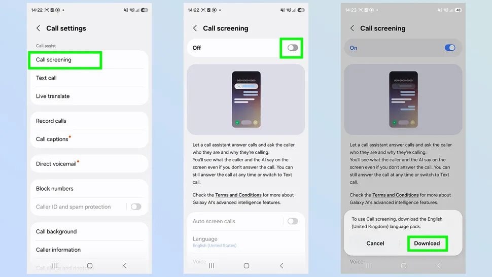 Giao diện bật Call Screening trên Samsung Galaxy S26