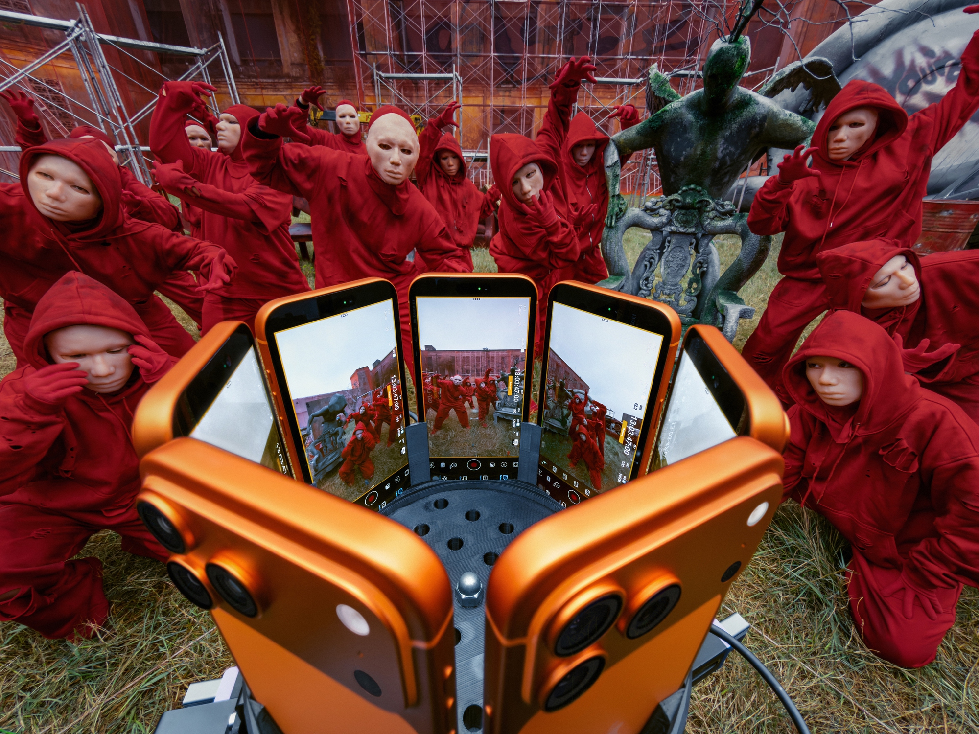 Hệ thống 8 chiếc iPhone 17 Pro được bố trí thành vòng tròn ghi hình đồng thời