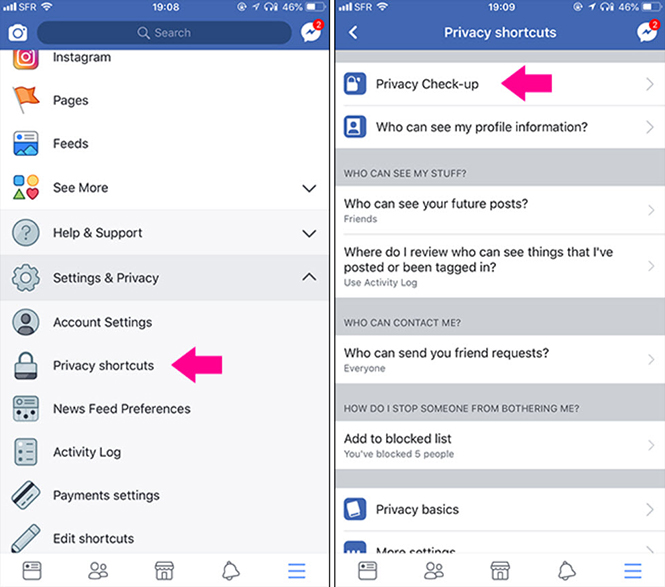 Giao diện Privacy Check-up trong ứng dụng Facebook