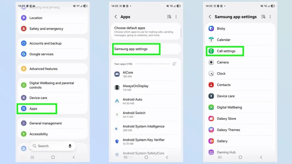 Giao diện cài đặt cuộc gọi trên Samsung Galaxy S26