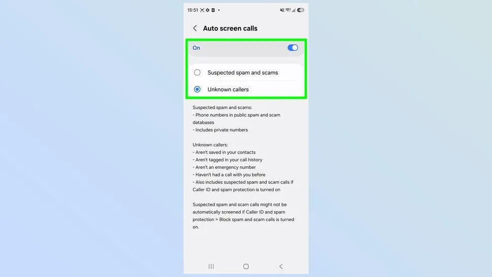 Giao diện cấu hình Auto Screen calls trên Samsung Galaxy S26