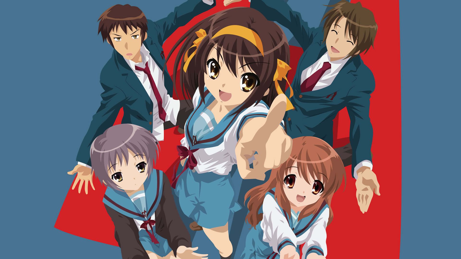 Haruhi Suzumiya với đồng phục nữ sinh và ruy băng cam