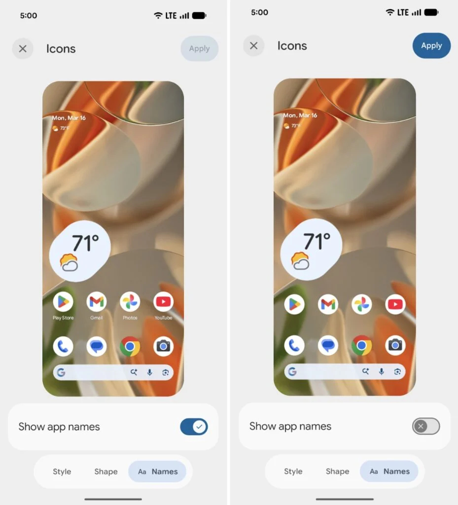 Tùy chọn ẩn tên app Android 17